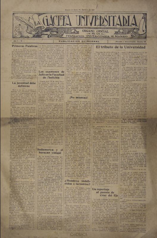 La Gaceta Universitaria. Órgano de la Federación Universitaria de Rosario nº 1