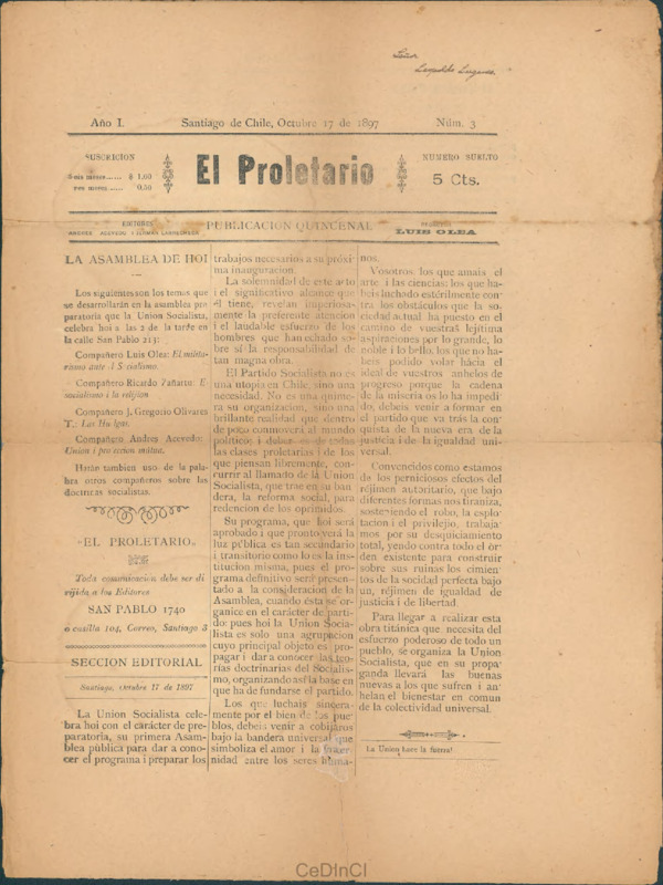 El Proletario. Publicación quincenal nº 3