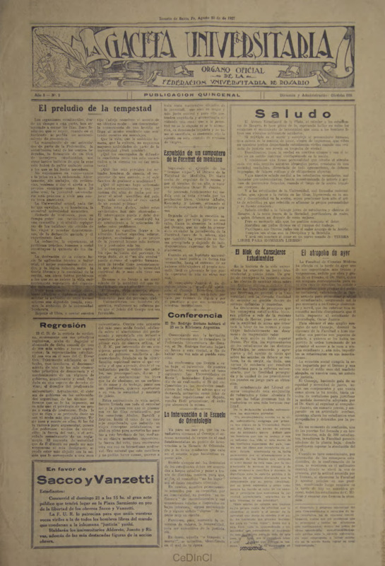 La Gaceta Universitaria. Órgano de la Federación Universitaria de Rosario nº 2